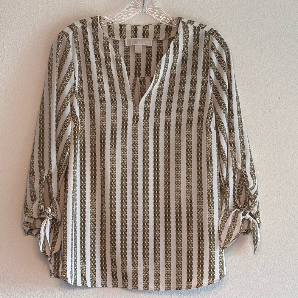 Michael Kors Women's Cream and Gold Striped Blouse SZ M